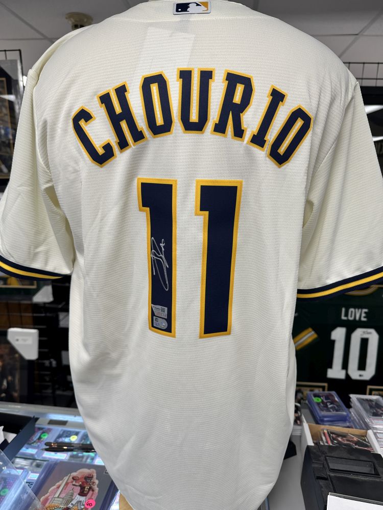 Jackson Chourio Brewers Signed Autographed Cream Nike Jersey – E-5